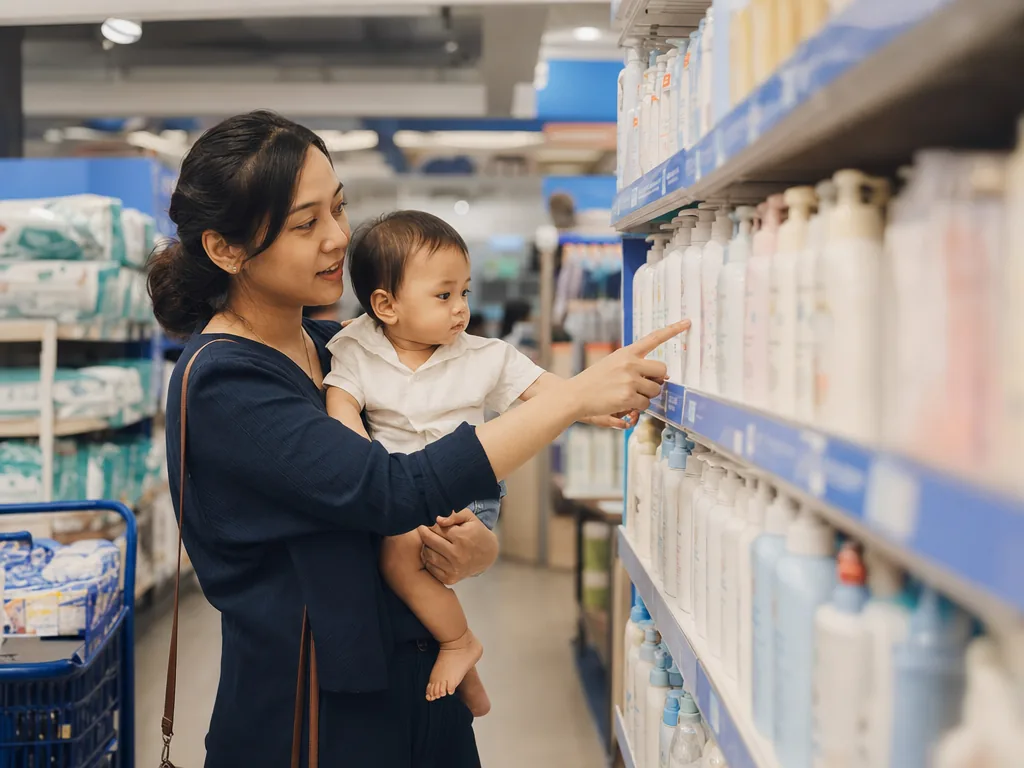 Produk baby dan mom care tersusun rapi di rak outlet Solo
